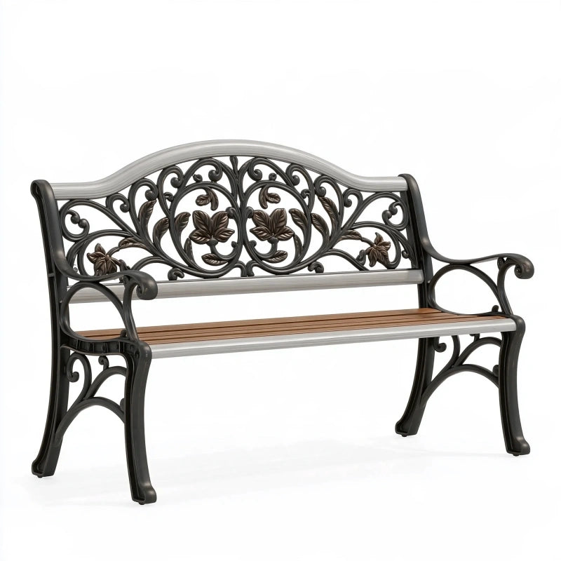 Gartenbank 122 x 62 x 88 cm Metall Holz Braun Schwarz mit floraler Rückenlehne