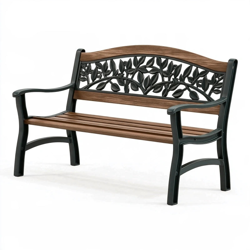 Gartenbank 120 cm Holz Metall Braun Schwarz mit Armlehnen Blattdekor