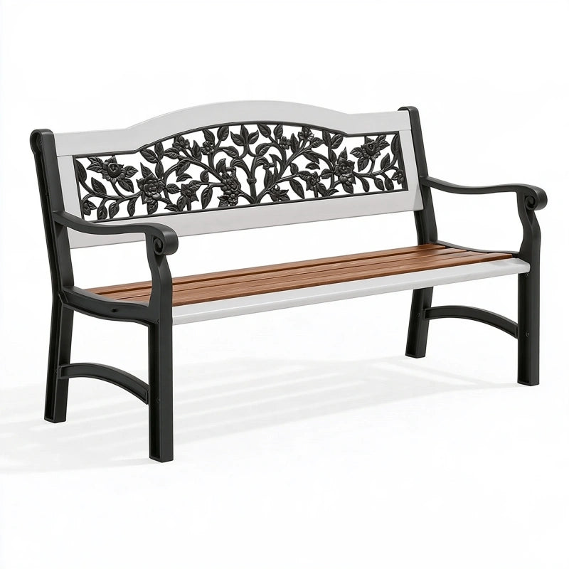 Gartenbank 122 cm Metall und Holz Braun Weiss Schwarz mit Blumenmuster