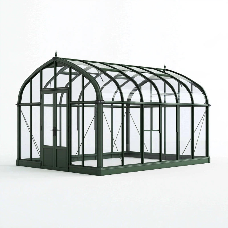 Gewächshaus 300 x 240 x 240 cm aus Stahl und Glas dunkelgrün - freistehend mit Tür