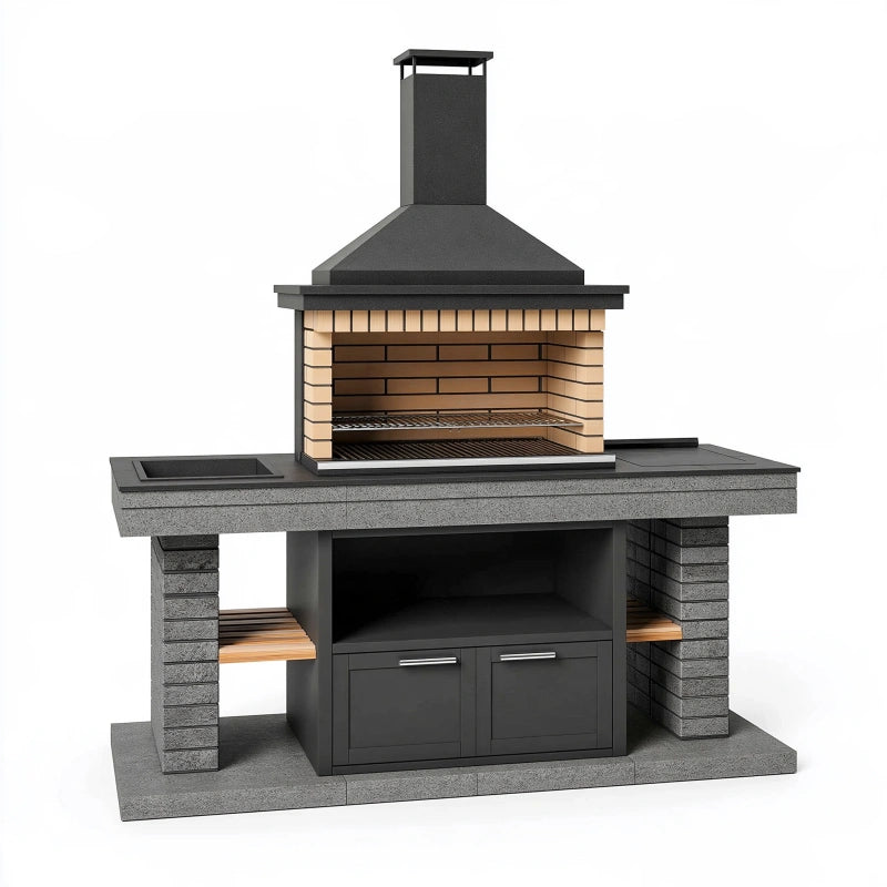 Grillkamin 220 x 75 x 230 cm aus Stahl und Stein in Schwarz Grau für den Aussenbereich mit Stauraum