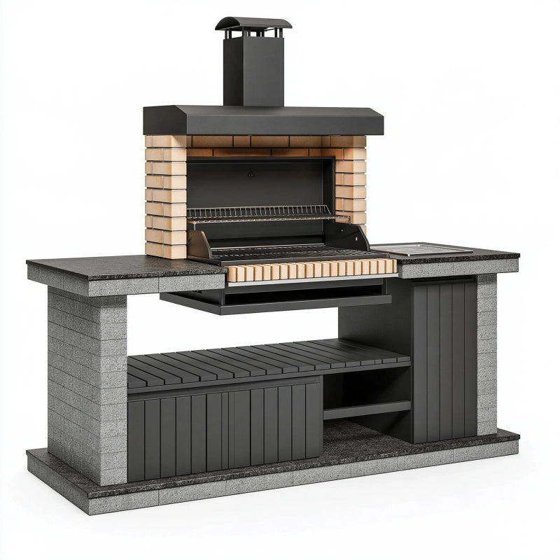Gartenküche 180 cm aus Stein Stahl Schwarz Beige mit Grillkamin