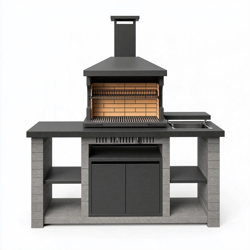 Grillstation 180 x 70 x 220 cm aus Stahl und Beton schwarz grau für Aussenküche
