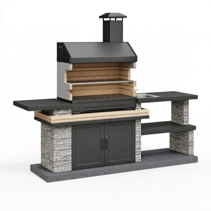Grillkamin 250 x 70 x 220 cm aus Stahl und Stein grau schwarz für den Garten mit Arbeitsflächen
