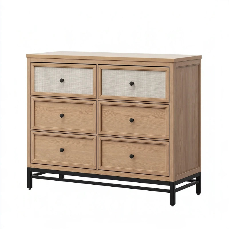 Kommode 120 x 45 x 105 cm in Naturholz mit sechs Schubladen und Metallgestell