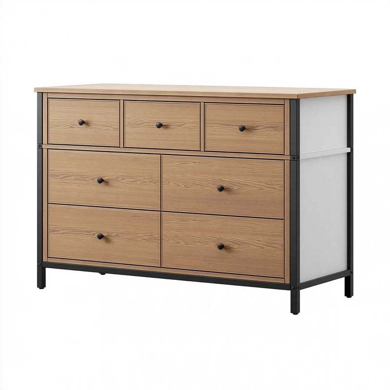 Kommode 120 x 40 x 80 cm in Eichenoptik mit Metallgestell und 7 Schubladen