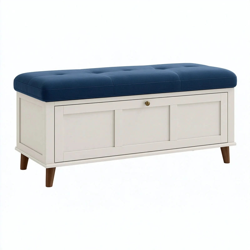 Sitzbank mit Stauraum 120 cm Weiss Dunkelblau Holz Textil gepolstert klassisch