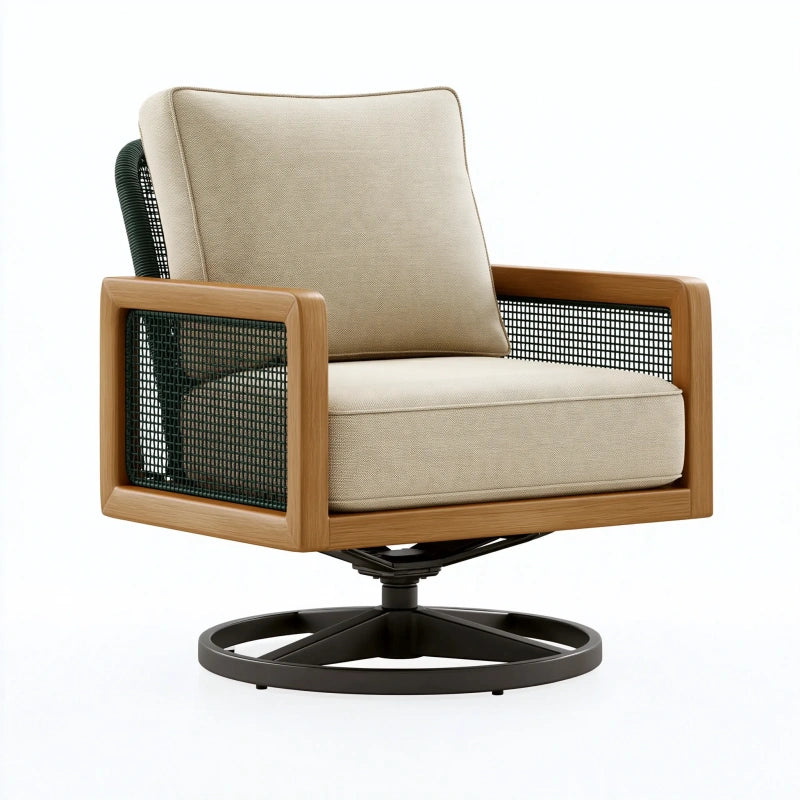Drehsessel 78 x 82 x 86 cm aus Holz Geflecht und Textil in Beige Braun für Wohnzimmer